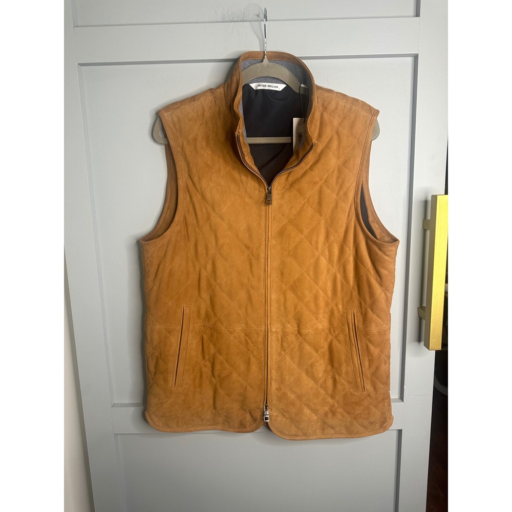 Peter Millar Mens Quilted Suede Vest British Tan Brown Full Zip MF22Z60 Medium